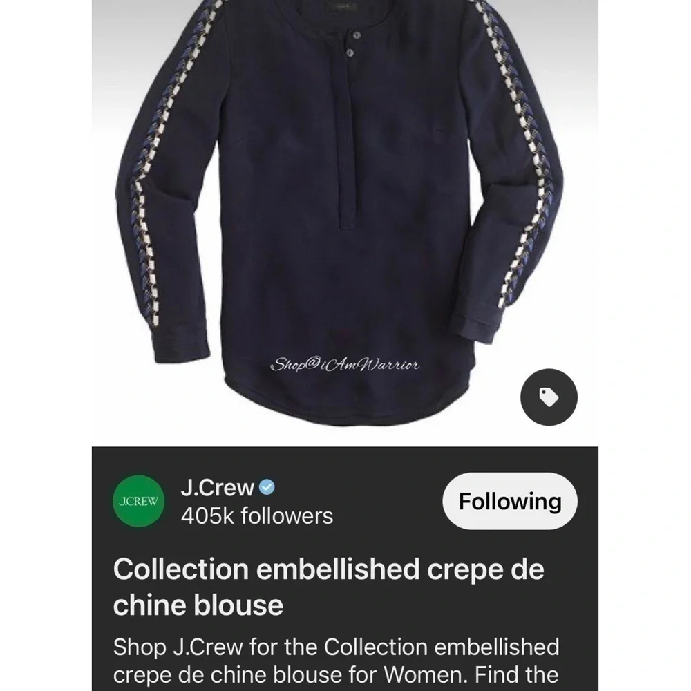 J.Crew Collection NWT rare navy silk embellished sleeve blouse *shop@iamwarrior
